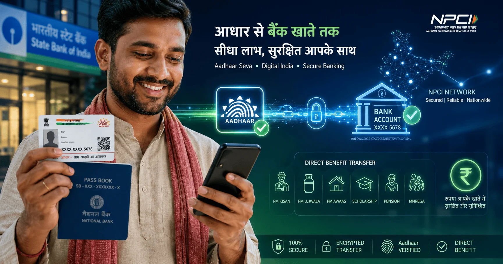Indian citizen linking Aadhaar card with bank account for Direct Benefit Transfer (DBT) government scheme payments.